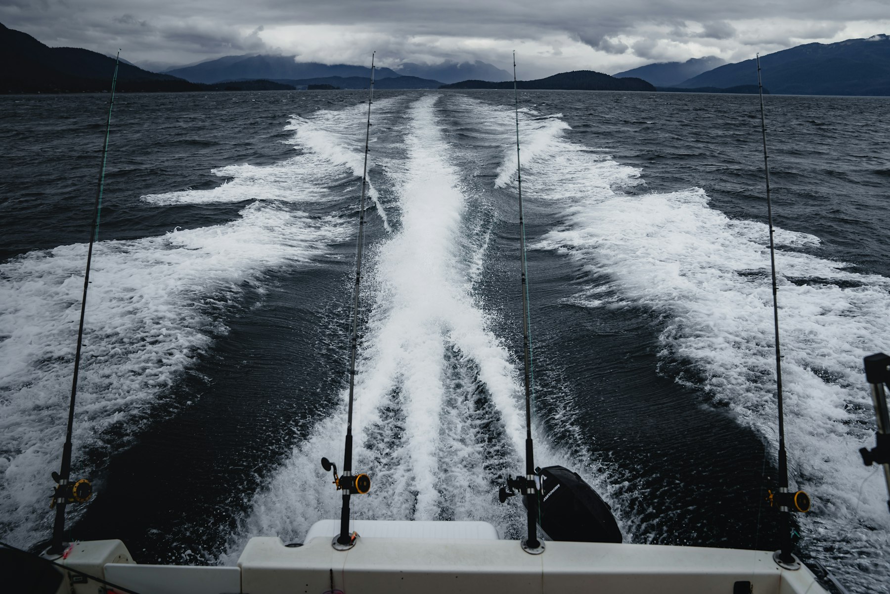Trolling rods set off the stern of a charter boat running through dark north-coast water